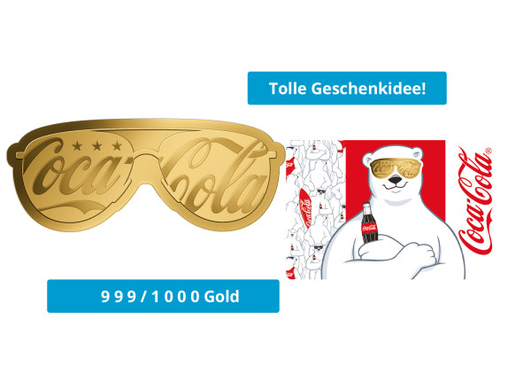 Goldmünze Sonnenbrille Motiv Coca Cola in Coincard 999/1000 Gold