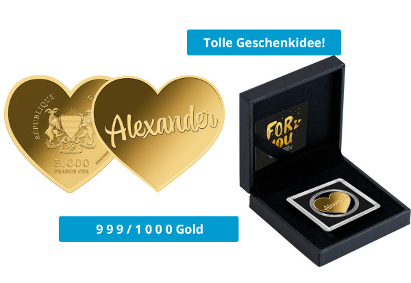 Geschenk Goldmünze Herz Name Alexander 999/1000 Gold