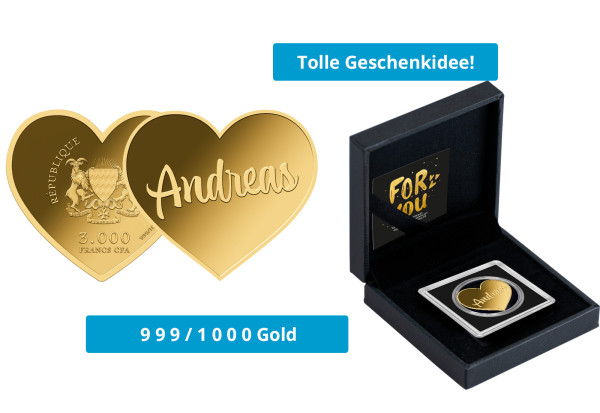 Geschenk Goldmünze Herz Name Andreas 999/1000 Gold