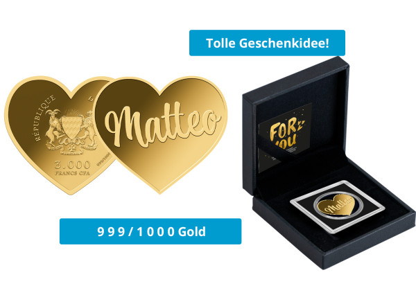 Geschenk Goldmünze Herz Name Matteo 999/1000 Gold
