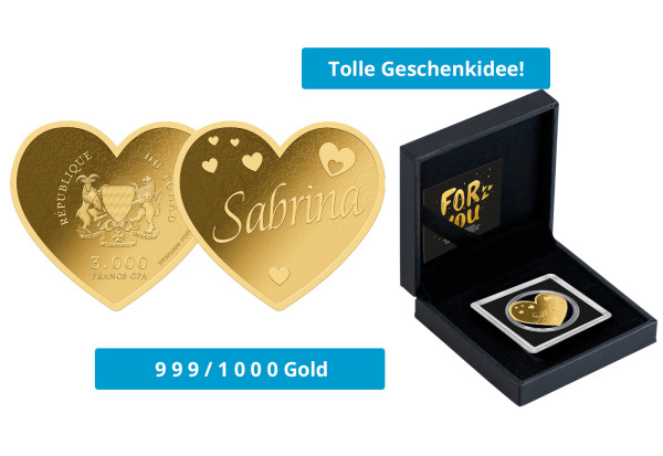 Geschenk Goldmünze Herz Name Sabrina 999/1000 Gold