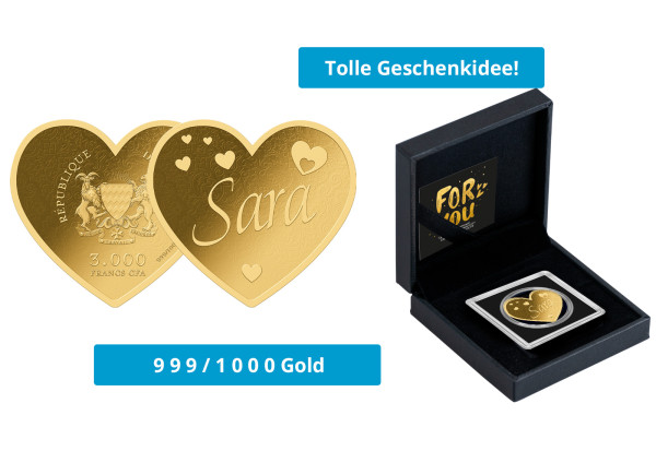 Geschenk Goldmünze Herz Name Sara 999/1000 Gold