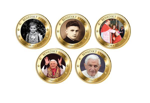 Tauschaktion 5x 2-Euro Lebensweg Benedikt XVI. vergoldet mit Farbmotiv