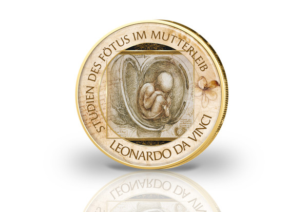 2 Euro mit Farbmotiv Studien des Fötus im Mutterleib vergoldet
