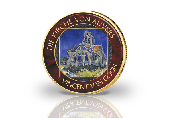 2 Euro mit Farbmotiv Die Kirche von Auvers Van Gogh vergoldet