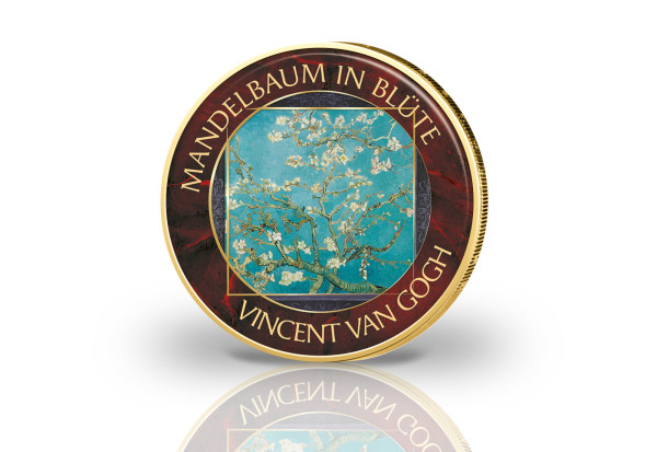 2 Euro mit Farbmotiv Mandelbaum in Blüte Van Gogh vergoldet
