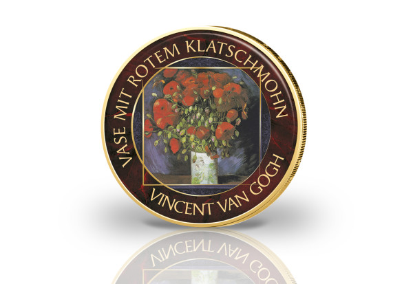 2 Euro mit Farbmotiv Vase mit rotem Klatschmohn Van Gogh vergoldet