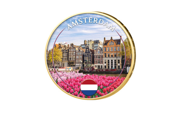 2 Euro vergoldet mit Farbmotiv Amsterdam - Niederlande