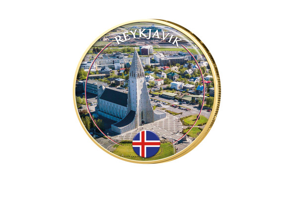 2 Euro vergoldet mit Farbmotiv Reykjavik - Island