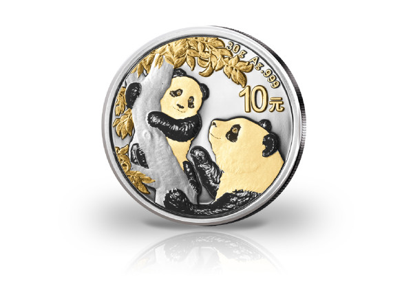 Panda 30 Gramm Silber 2021 China veredelt mit 24 Karat Goldapplikation