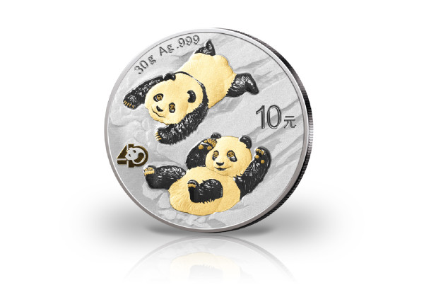 Panda 30 Gramm Silber 2022 China veredelt mit 24 Karat Goldapplikation