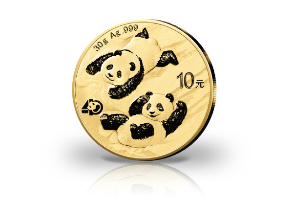 Panda 30 Gramm Silber 2022 China veredelt mit 24 Karat Goldauflage