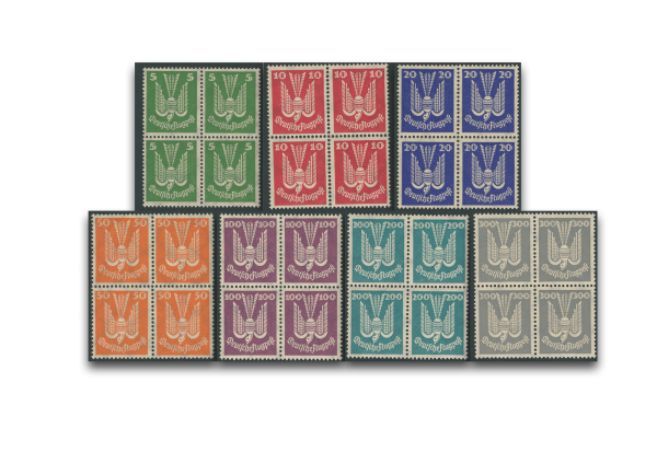 Briefmarken Deutsches Reich Holztaube 1924 Michel-Nr. 344-350 postfrisch Viererblock