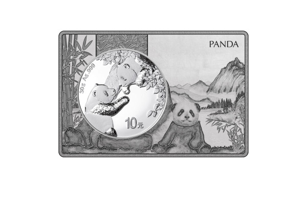 Panda 30 Gramm Silber 2023 China eingefasst in einem Barren
