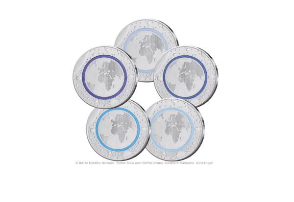 BRD 5 Euro 2016 Planet Erde mit blauem Polymer-Ring Prägestätten A - J