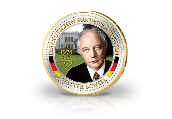 2 Euro vergoldet Deutsche Bundespräsidenten Walter Scheel mit Farbmotiv