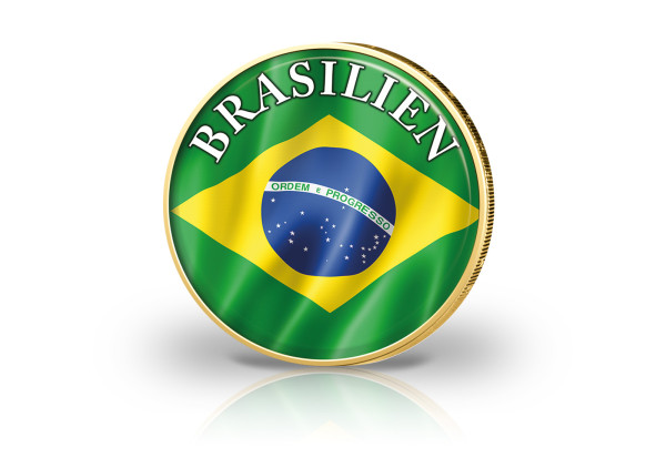2 Euro vergoldet Brasilien Flagge mit Farbmotiv