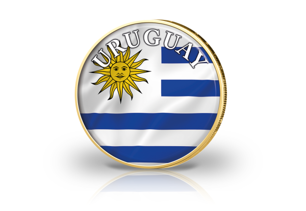 2 Euro vergoldet Uruguay Flagge mit Farbmotiv