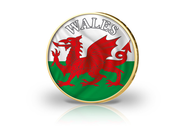 2 Euro vergoldet Wales Flagge mit Farbmotiv