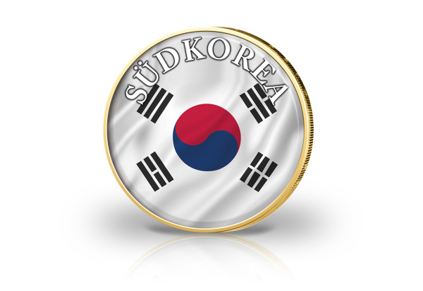 2 Euro vergoldet Südkorea Flagge mit Farbmotiv