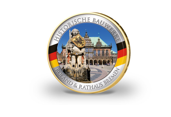 2 Euro vergoldet Roland und Rathaus Bremen mit Farbmotiv