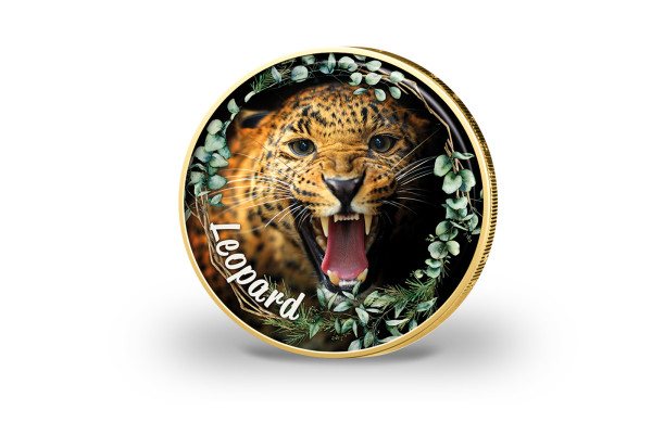 2 Euro vergoldet Leopard mit Farbmotiv