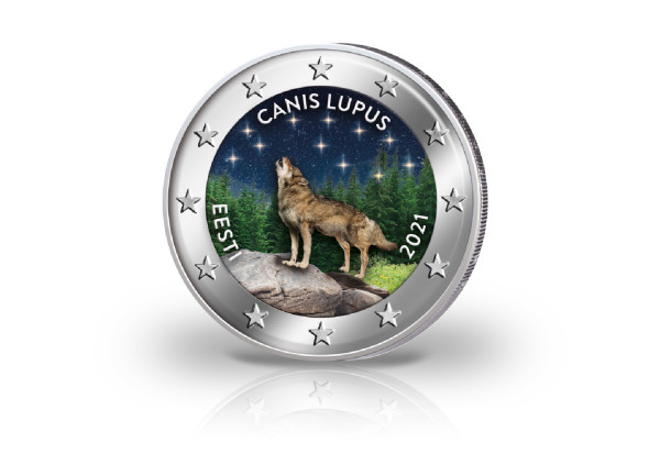 2 Euro 2021 Estland Nationaltier Wolf mit Farbmotiv
