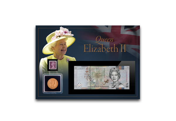 3er Set Großbritannien Queen Elisabeth II. 1953-2019 inkl. 1 Penny, 1 Stamp, ½ Banknote im Blister