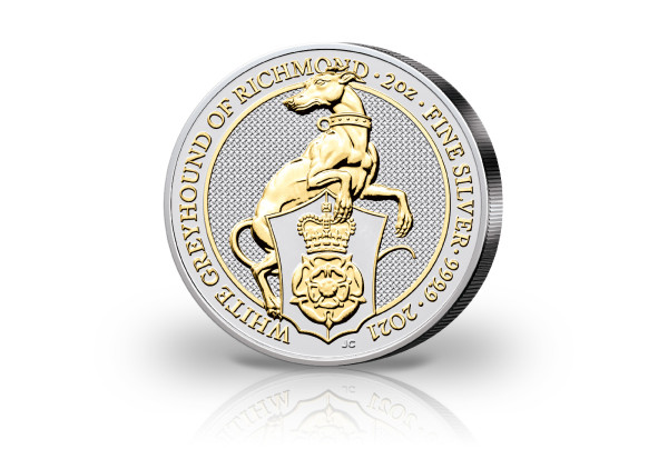 The Queens Beasts 2 oz Silber 2021 Großbritannien White Greyhound of Richmond mit 24 Karat Gold