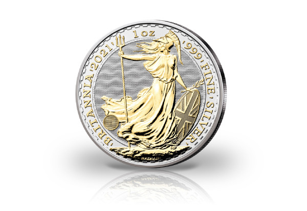 Britannia 1 oz Silber 2021 Großbritannien veredelt mit 24 Karat Goldapplikation