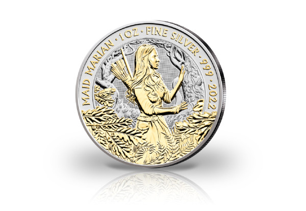 Maid Marian Myths and Legends 1 oz Silber 2022 Großbritannien veredelt mit 24 Karat Goldapplikation
