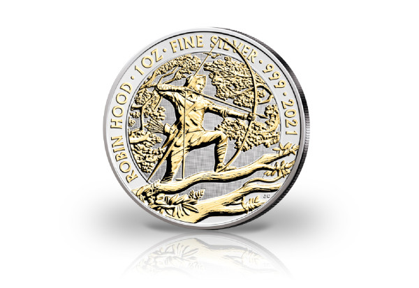 Robin Hood Myths and Legends 1 oz Silber 2021 Großbritannien veredelt mit 24 Karat Goldapplikation