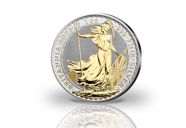Britannia 1 oz Silber 2023 Großbritannien veredelt mit 24 Karat Goldapplikation