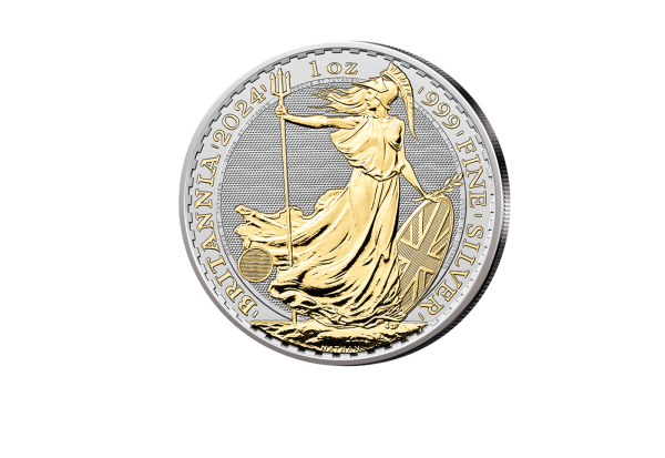 Britannia 1 oz Silber 2024 Großbritannien mit 24 Karat Goldapplikation