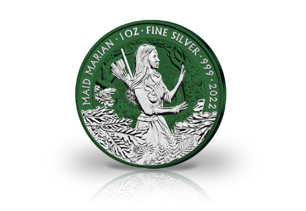 Maid Marian Myths and Legends 1 oz Silber 2022 Großbritannien mit grünem Hintergrund