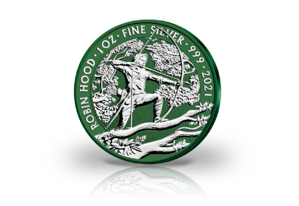 Robin Hood Myths and Legends 1 oz Silber 2021 Großbritannien mit grünem Farbmotiv