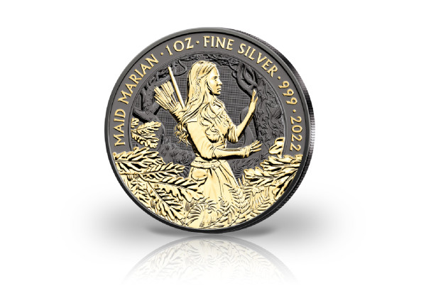 Maid Marian 1 oz Silber 2022 Großbritannien veredelt mit Ruthenium und 24 Karat Goldauflage