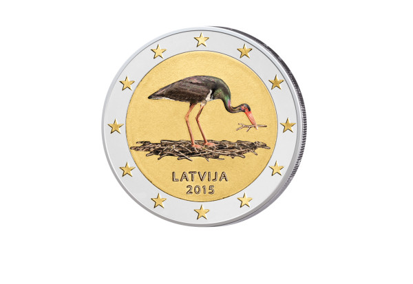 2 Euro 2015 Lettland Schwarzstorch teilvergoldet mit Farbauflage
