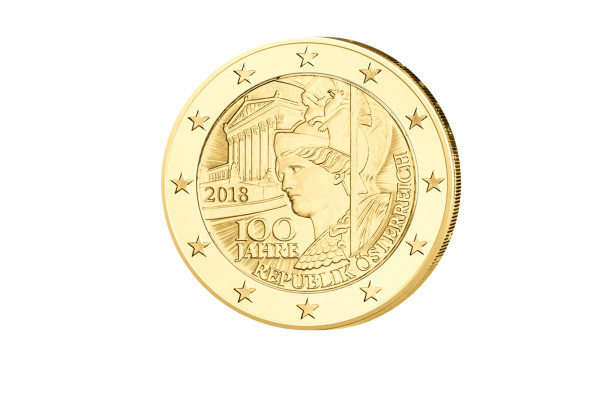 2 Euro 2018 Österreich 100 Jahre Republik Österreich mit 24 Karat Goldauflage