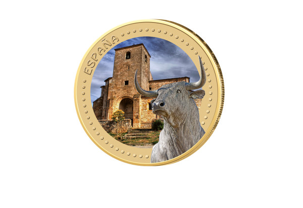 2 Euro Spanien Stier mit Goldauflage und Farbmotiv in Kapsel