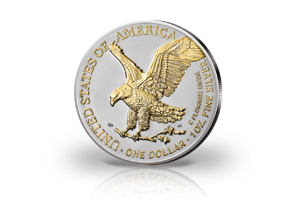 American Eagle 1 oz Silber 2021 USA Neues Motiv veredelt mit Goldapplikation