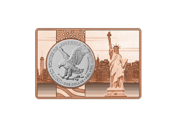 American Eagle 1 oz Silber 2022 USA eingefasst in einem Kupferbarren