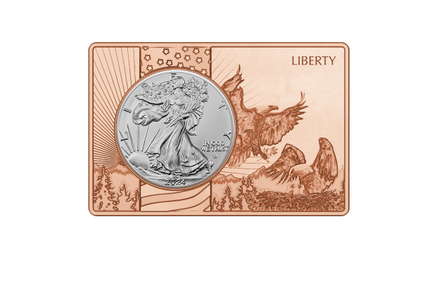 American Eagle 1 oz Silber 2024 USA eingefasst in einem Kupferbarren