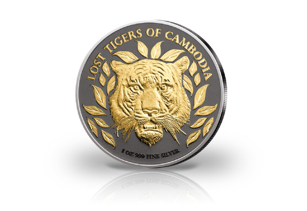 Lost Tigers of Cambodia 1 oz Silber 2022 veredelt mit Ruthenium und 24 Karat Goldauflage