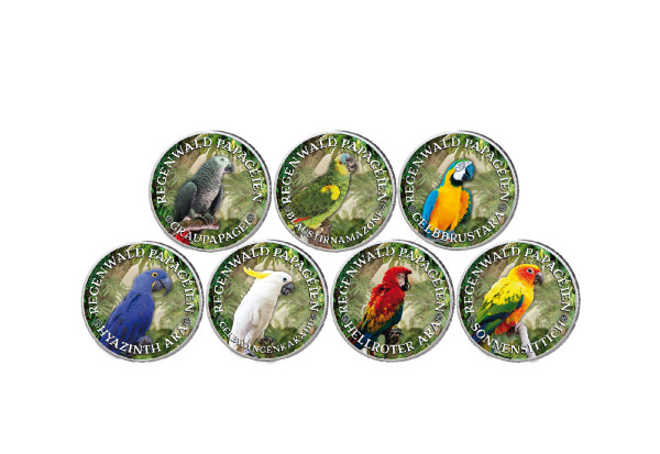 Regenwald Papageien 7er Kollektion mit Farbmotiv im Etui inkl. Zertifikat
