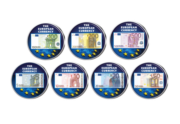 EU-Währung Euro Banknoten 7er Kollektion mit Farbmotiv im Etui