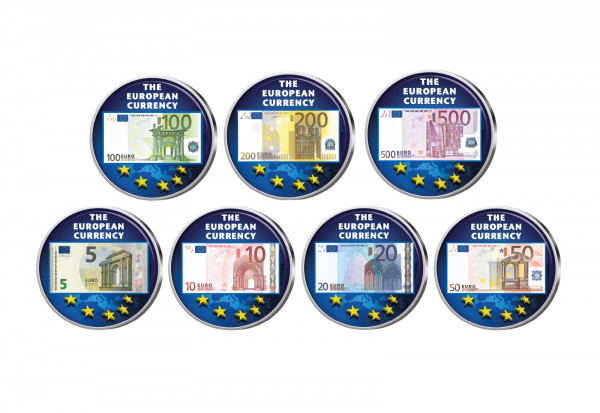 EU-Währung Euro Banknoten 7er Kollektion mit Farbmotiv im Etui