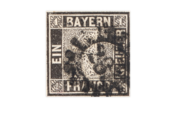 Briefmarke Altdeutschland Bayern Freimarke Schwarzer Einser 1849 Michel-Nr. 1 gestempelt geprüft