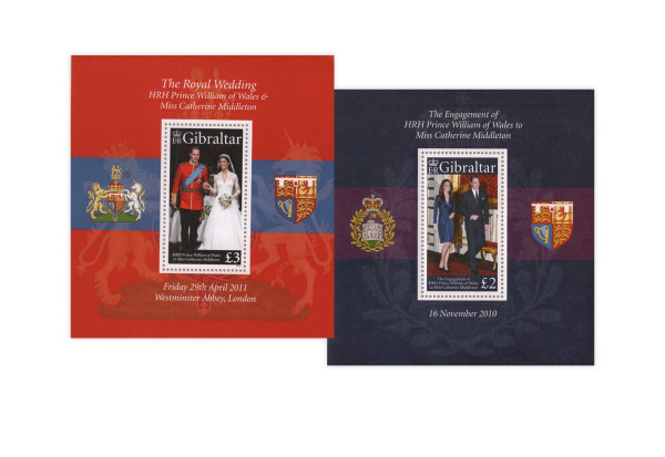 Gibraltar William und Kate Verlobungs- und Hochzeitsblock Block 98 und 101 postfrisch
